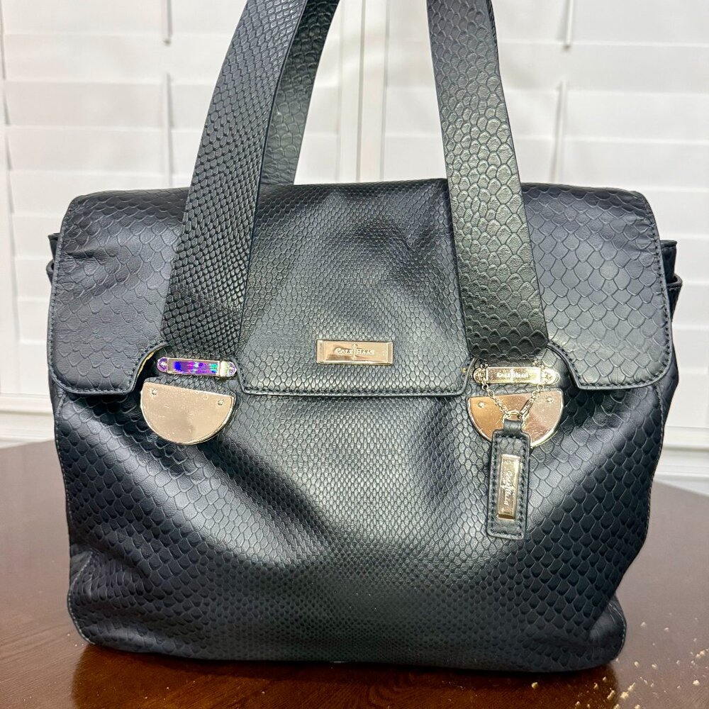 Cole Haan Embossed Leather Tote Bag Black Snake Print Gold Hardware